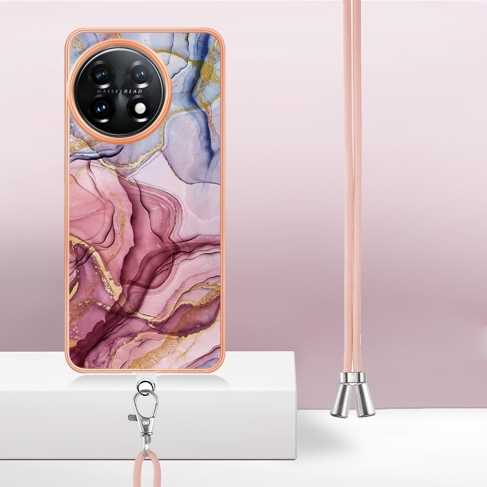 YB IMD Series-18 Style E for OnePlus 11 5G Flexible TPU Case Marble Pattern 2.0mm Electroplating Phone Cover with Lanyard