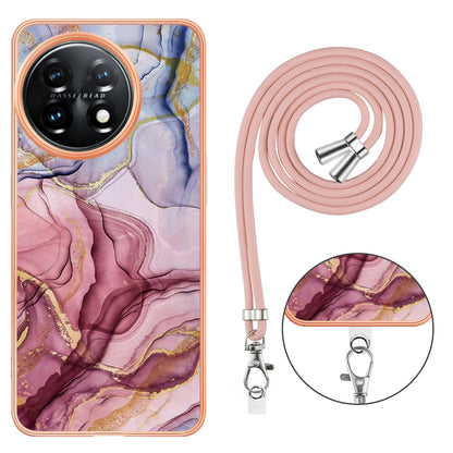 YB IMD Series-18 Style E for OnePlus 11 5G Flexible TPU Case Marble Pattern 2.0mm Electroplating Phone Cover with Lanyard