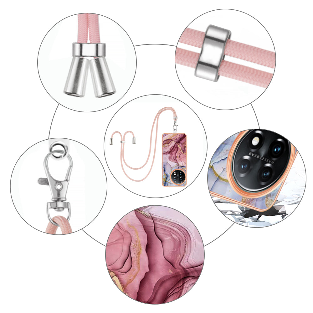 YB IMD Series-18 Style E for OnePlus 11 5G Flexible TPU Case Marble Pattern 2.0mm Electroplating Phone Cover with Lanyard