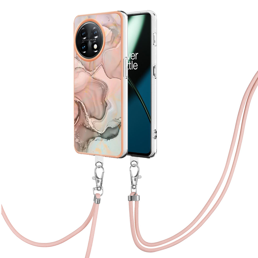 YB IMD Series-18 Style E for OnePlus 11 5G Flexible TPU Case Marble Pattern 2.0mm Electroplating Phone Cover with Lanyard