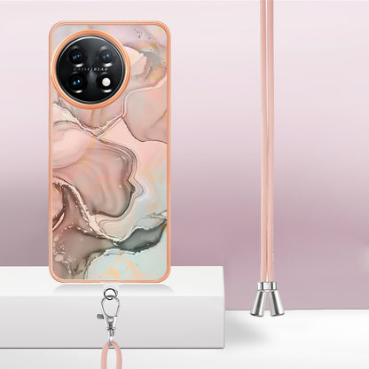 YB IMD Series-18 Style E for OnePlus 11 5G Flexible TPU Case Marble Pattern 2.0mm Electroplating Phone Cover with Lanyard