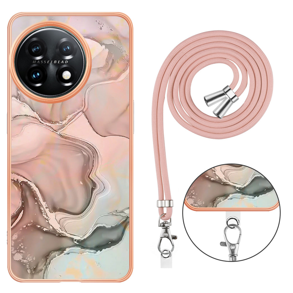 YB IMD Series-18 Style E for OnePlus 11 5G Flexible TPU Case Marble Pattern 2.0mm Electroplating Phone Cover with Lanyard