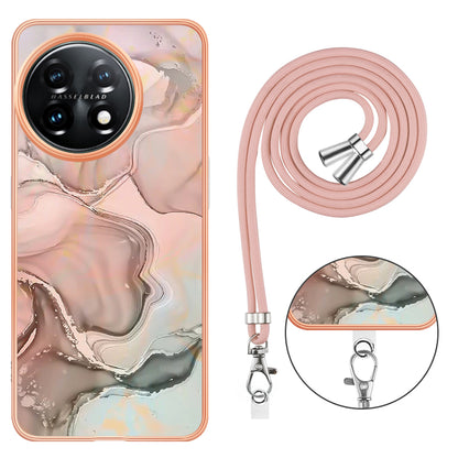 YB IMD Series-18 Style E for OnePlus 11 5G Flexible TPU Case Marble Pattern 2.0mm Electroplating Phone Cover with Lanyard