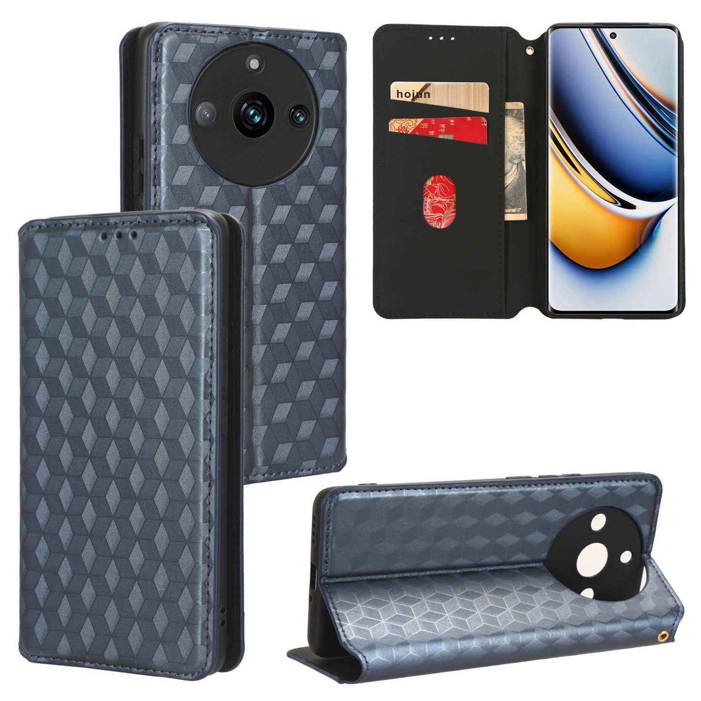 Rhombus Imprinted Shell for Realme 11 Pro 5G / 11 Pro+ 5G PU Leather Phone Cover Stand Case