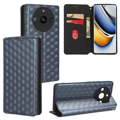 Rhombus Imprinted Shell for Realme 11 Pro 5G / 11 Pro+ 5G PU Leather Phone Cover Stand Case