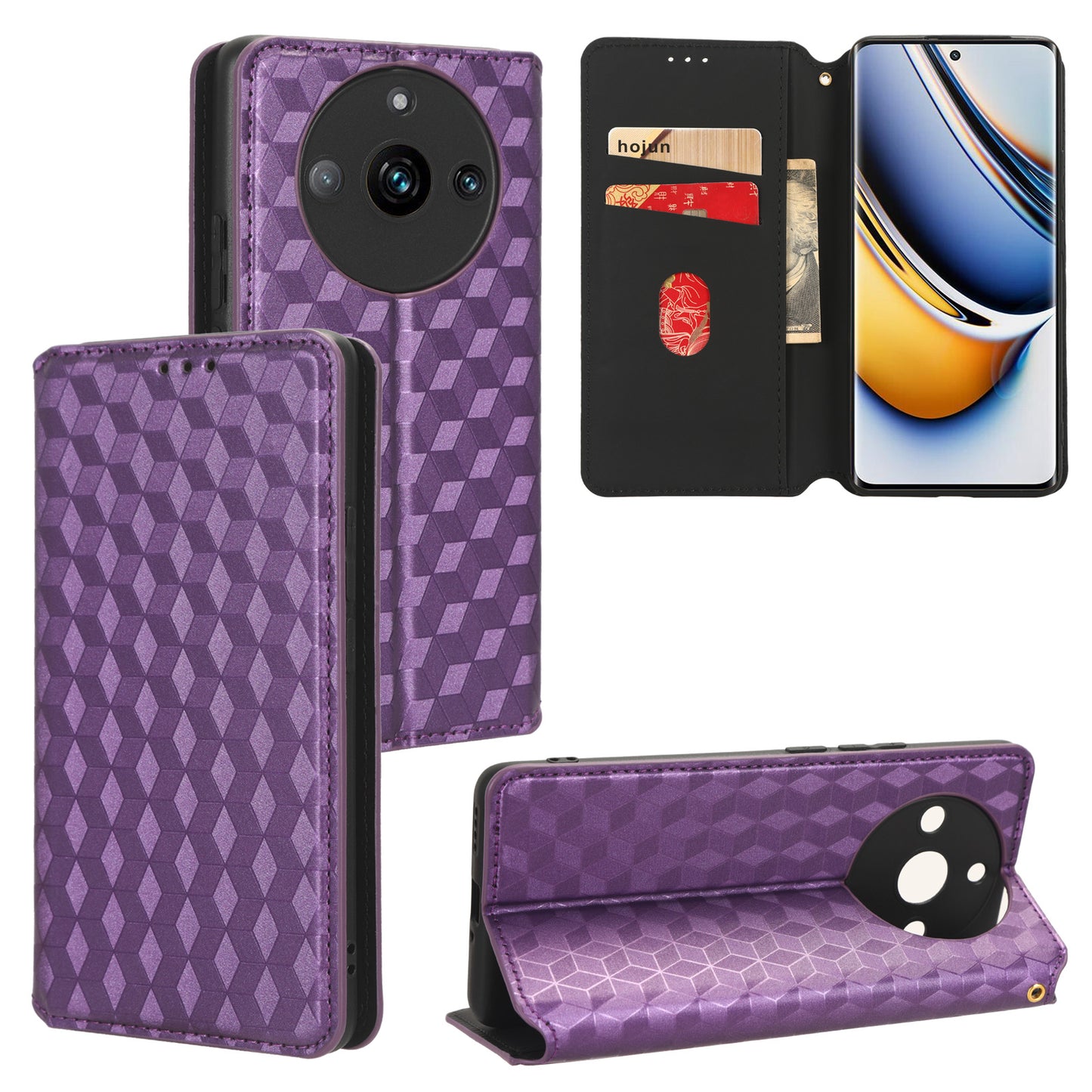 Rhombus Imprinted Shell for Realme 11 Pro 5G / 11 Pro+ 5G PU Leather Phone Cover Stand Case