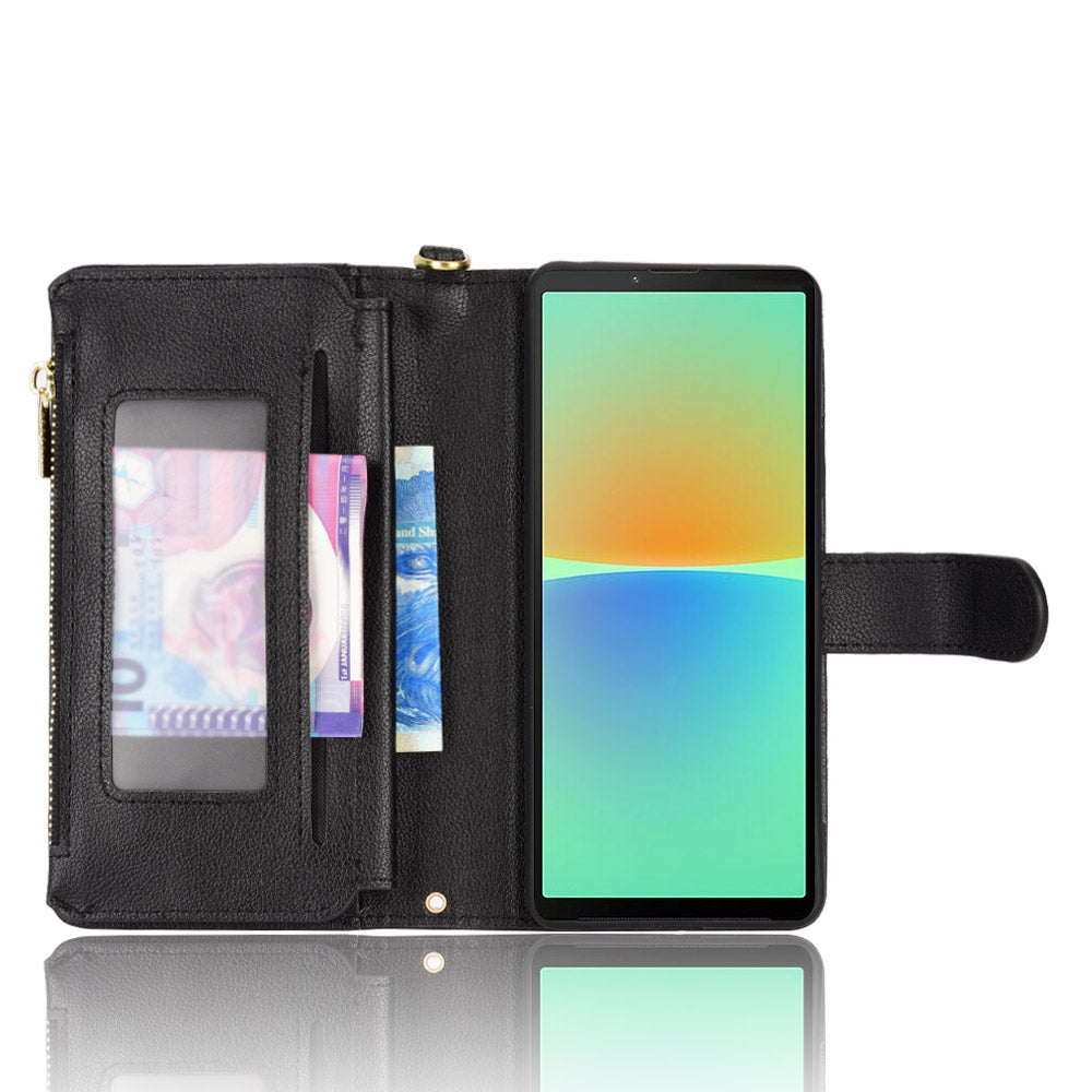 Zipper Pocket Phone Cover for Sony Xperia 10 V , Wallet PU Leather Stand Case