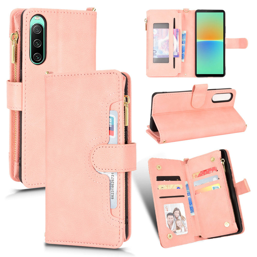 Zipper Pocket Phone Cover for Sony Xperia 10 V , Wallet PU Leather Stand Case