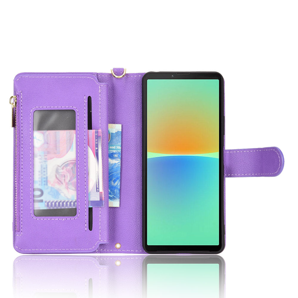 Zipper Pocket Phone Cover for Sony Xperia 10 V , Wallet PU Leather Stand Case