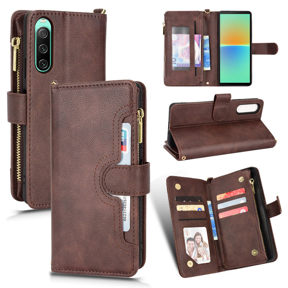 Zipper Pocket Phone Cover for Sony Xperia 10 V , Wallet PU Leather Stand Case