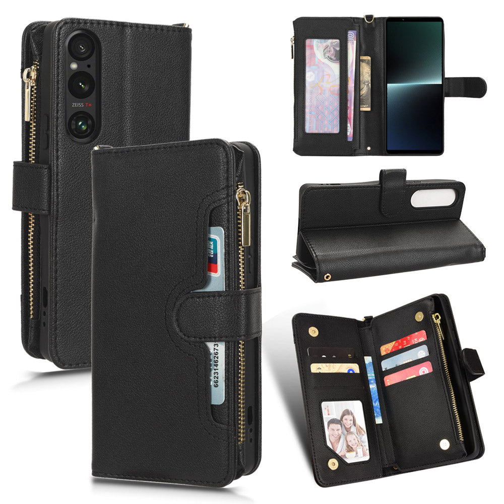 For Sony Xperia 1 V Zipper Pocket PU Leather Phone Case Mobile Phone Wallet Stand Cover