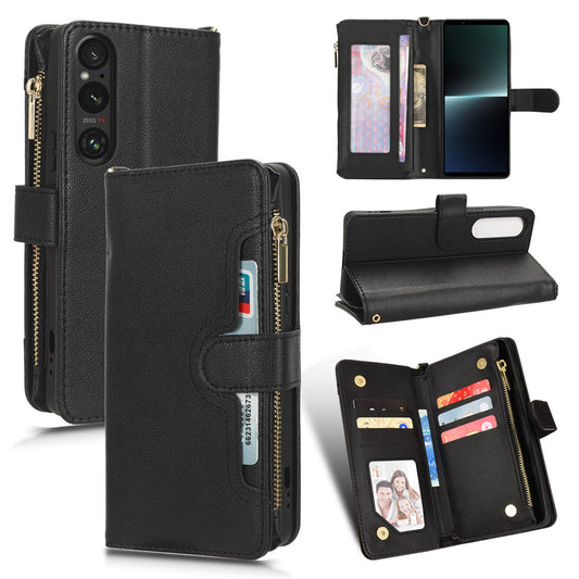 For Sony Xperia 1 V Zipper Pocket PU Leather Phone Case Mobile Phone Wallet Stand Cover