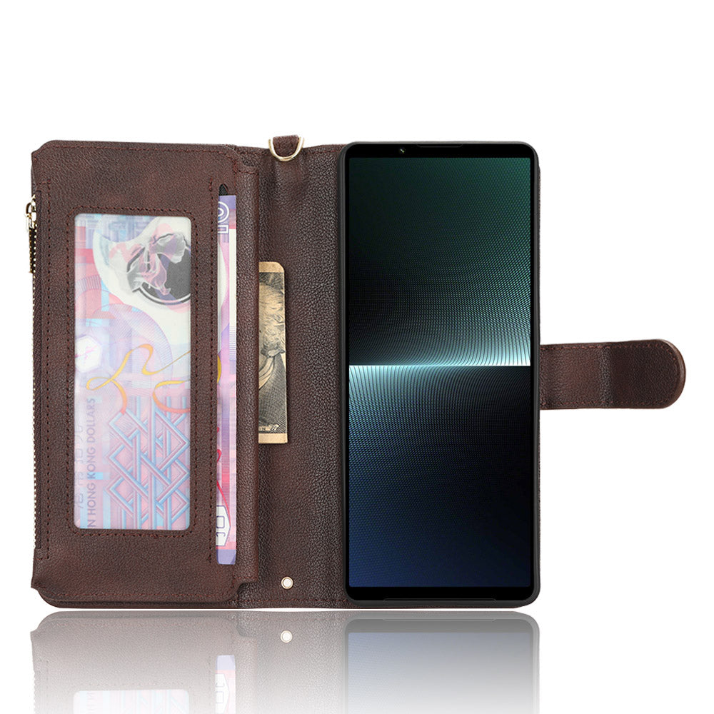 For Sony Xperia 1 V Zipper Pocket PU Leather Phone Case Mobile Phone Wallet Stand Cover