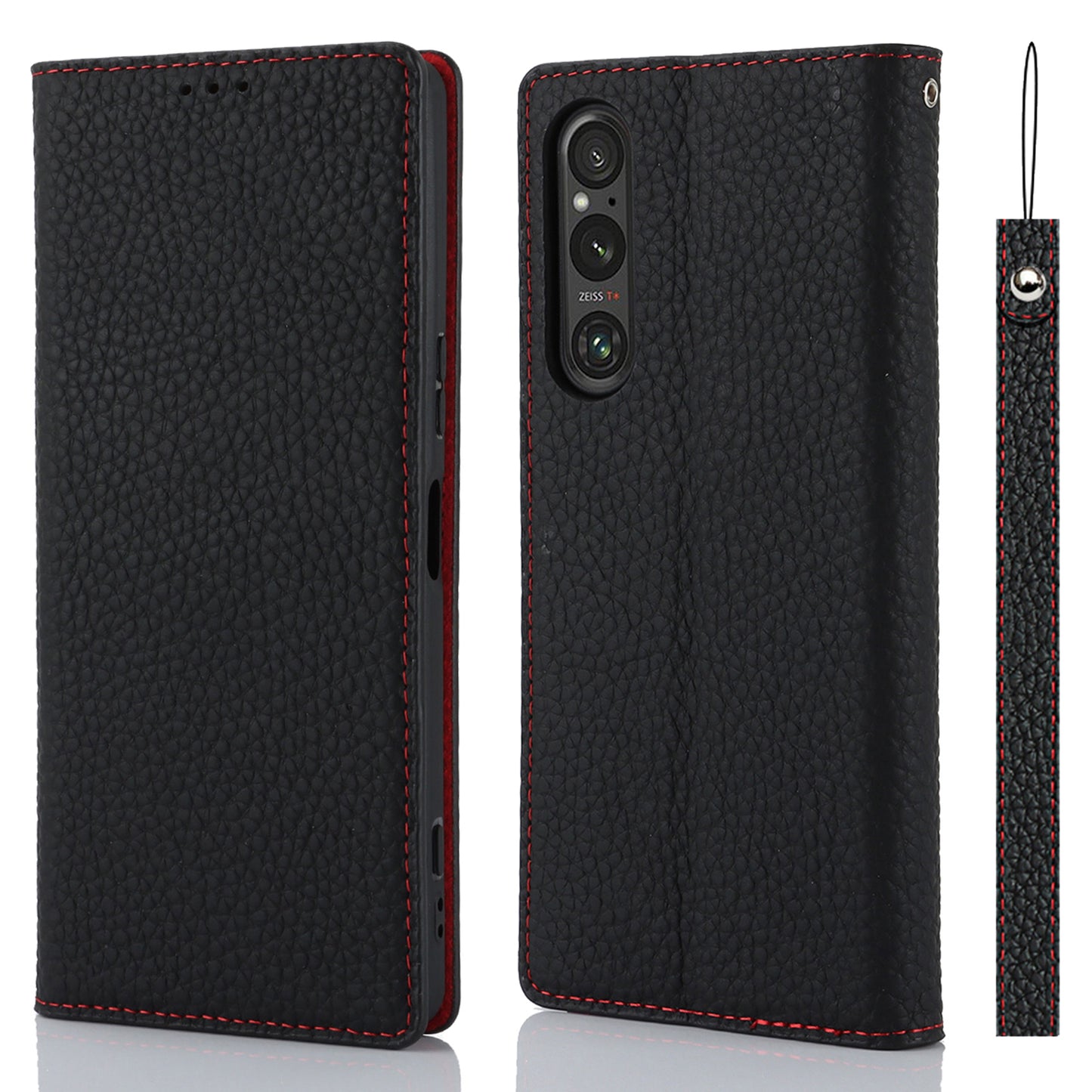 For Sony Xperia 1 V Litchi Texture Genuine Cow Leather Phone Case Stand Wallet Flip Cover with Strap