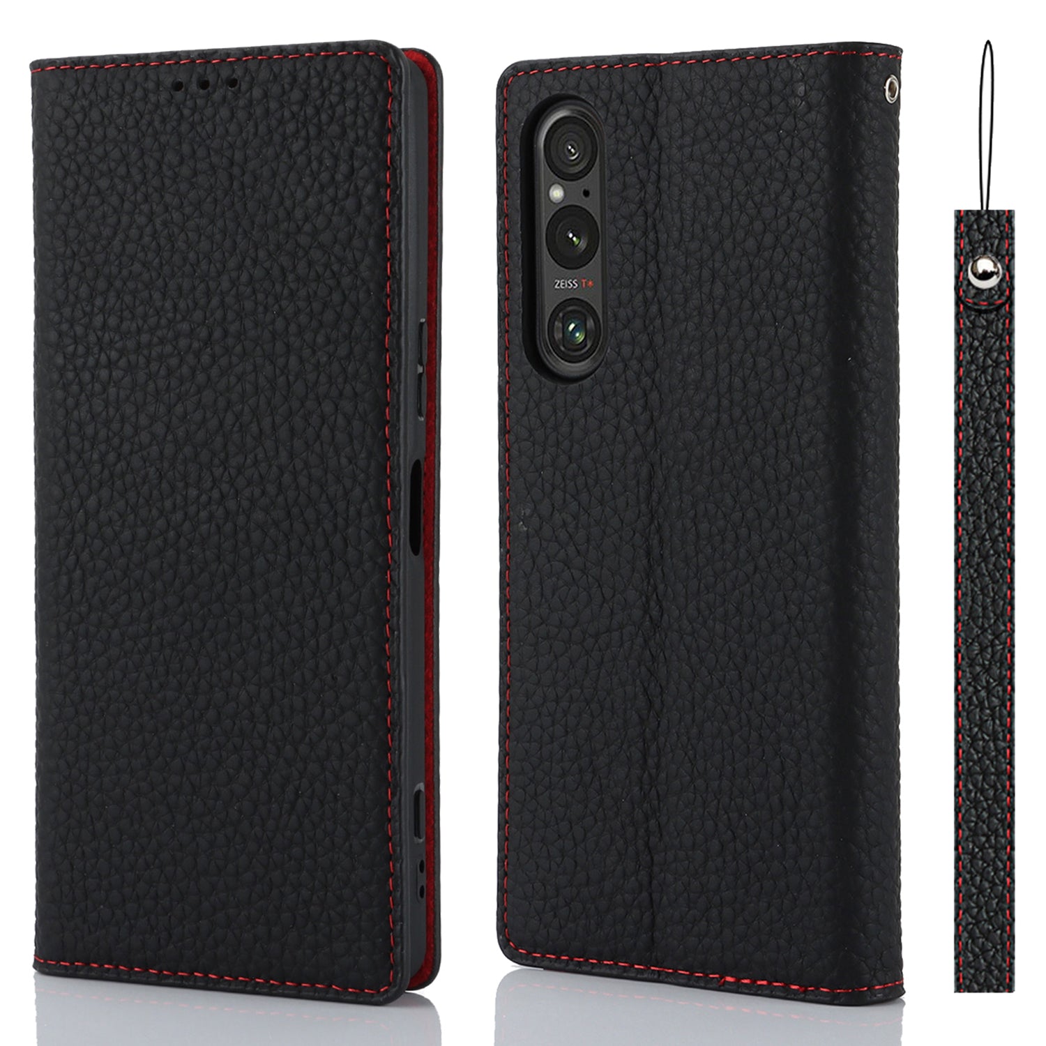 For Sony Xperia 1 V Litchi Texture Genuine Cow Leather Phone Case Stand Wallet Flip Cover with Strap