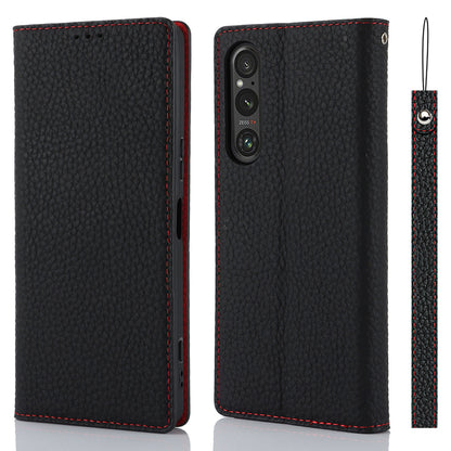For Sony Xperia 1 V Litchi Texture Genuine Cow Leather Phone Case Stand Wallet Flip Cover with Strap
