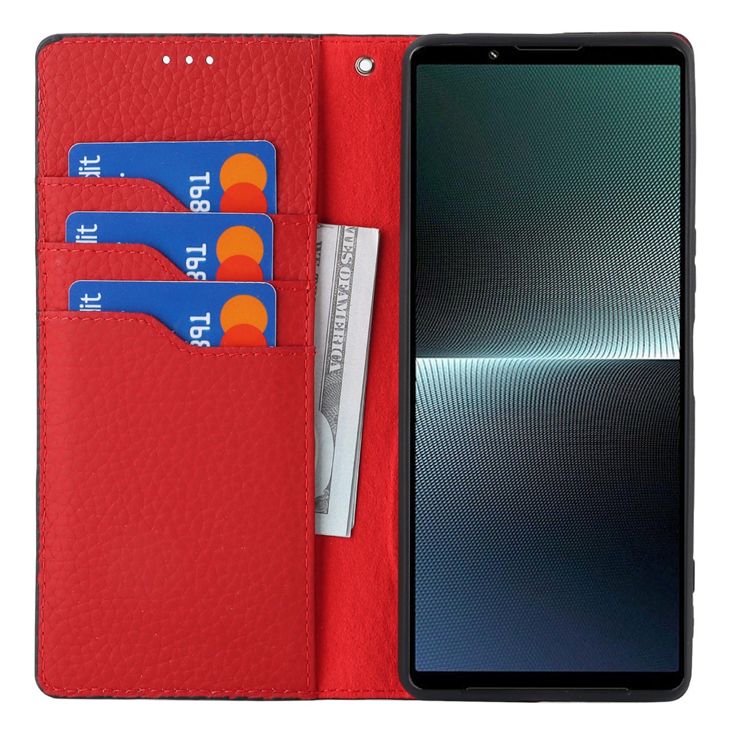 For Sony Xperia 1 V Litchi Texture Genuine Cow Leather Phone Case Stand Wallet Flip Cover with Strap