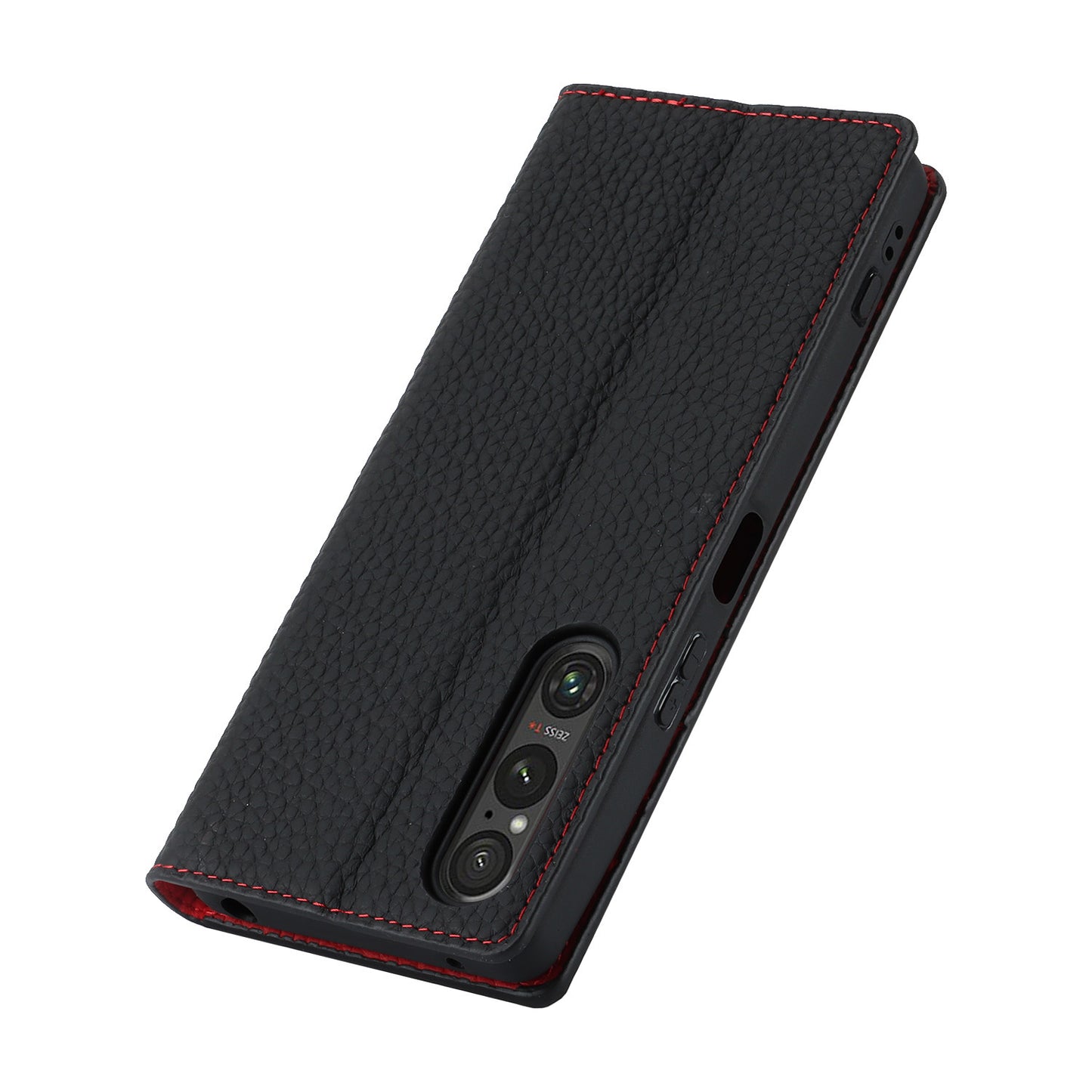 For Sony Xperia 1 V Litchi Texture Genuine Cow Leather Phone Case Stand Wallet Flip Cover with Strap
