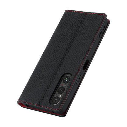 For Sony Xperia 1 V Litchi Texture Genuine Cow Leather Phone Case Stand Wallet Flip Cover with Strap