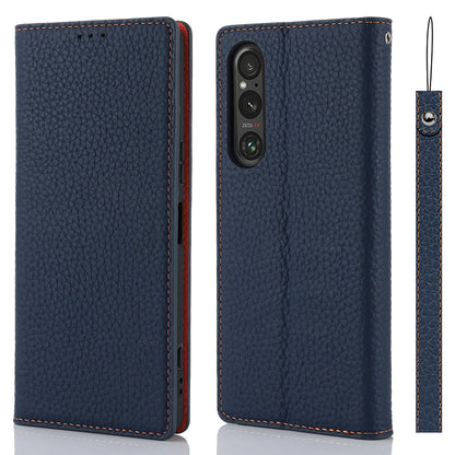 For Sony Xperia 1 V Litchi Texture Genuine Cow Leather Phone Case Stand Wallet Flip Cover with Strap