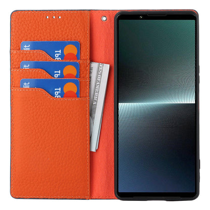 For Sony Xperia 1 V Litchi Texture Genuine Cow Leather Phone Case Stand Wallet Flip Cover with Strap