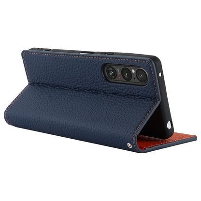 For Sony Xperia 1 V Litchi Texture Genuine Cow Leather Phone Case Stand Wallet Flip Cover with Strap
