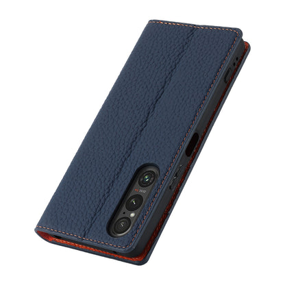 For Sony Xperia 1 V Litchi Texture Genuine Cow Leather Phone Case Stand Wallet Flip Cover with Strap