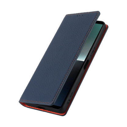 For Sony Xperia 1 V Litchi Texture Genuine Cow Leather Phone Case Stand Wallet Flip Cover with Strap