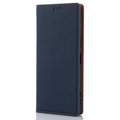 For Sony Xperia 1 V Litchi Texture Genuine Cow Leather Phone Case Stand Wallet Flip Cover with Strap