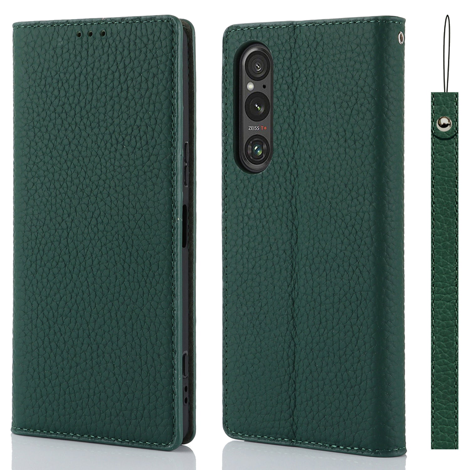 For Sony Xperia 1 V Litchi Texture Genuine Cow Leather Phone Case Stand Wallet Flip Cover with Strap