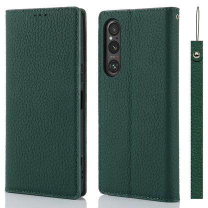 For Sony Xperia 1 V Litchi Texture Genuine Cow Leather Phone Case Stand Wallet Flip Cover with Strap