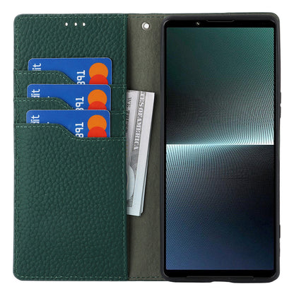 For Sony Xperia 1 V Litchi Texture Genuine Cow Leather Phone Case Stand Wallet Flip Cover with Strap