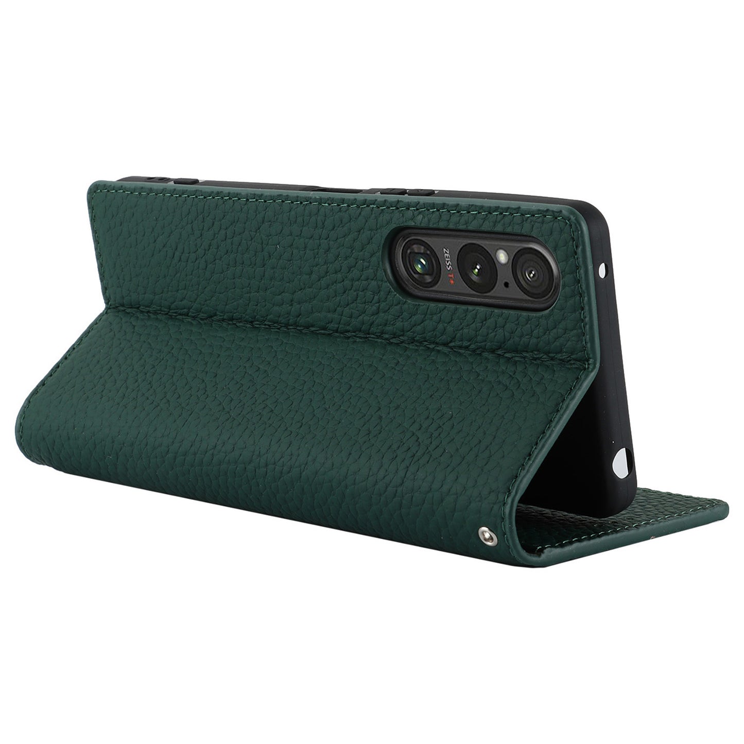 For Sony Xperia 1 V Litchi Texture Genuine Cow Leather Phone Case Stand Wallet Flip Cover with Strap