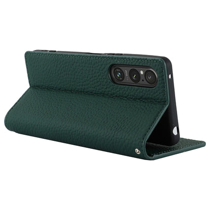 For Sony Xperia 1 V Litchi Texture Genuine Cow Leather Phone Case Stand Wallet Flip Cover with Strap