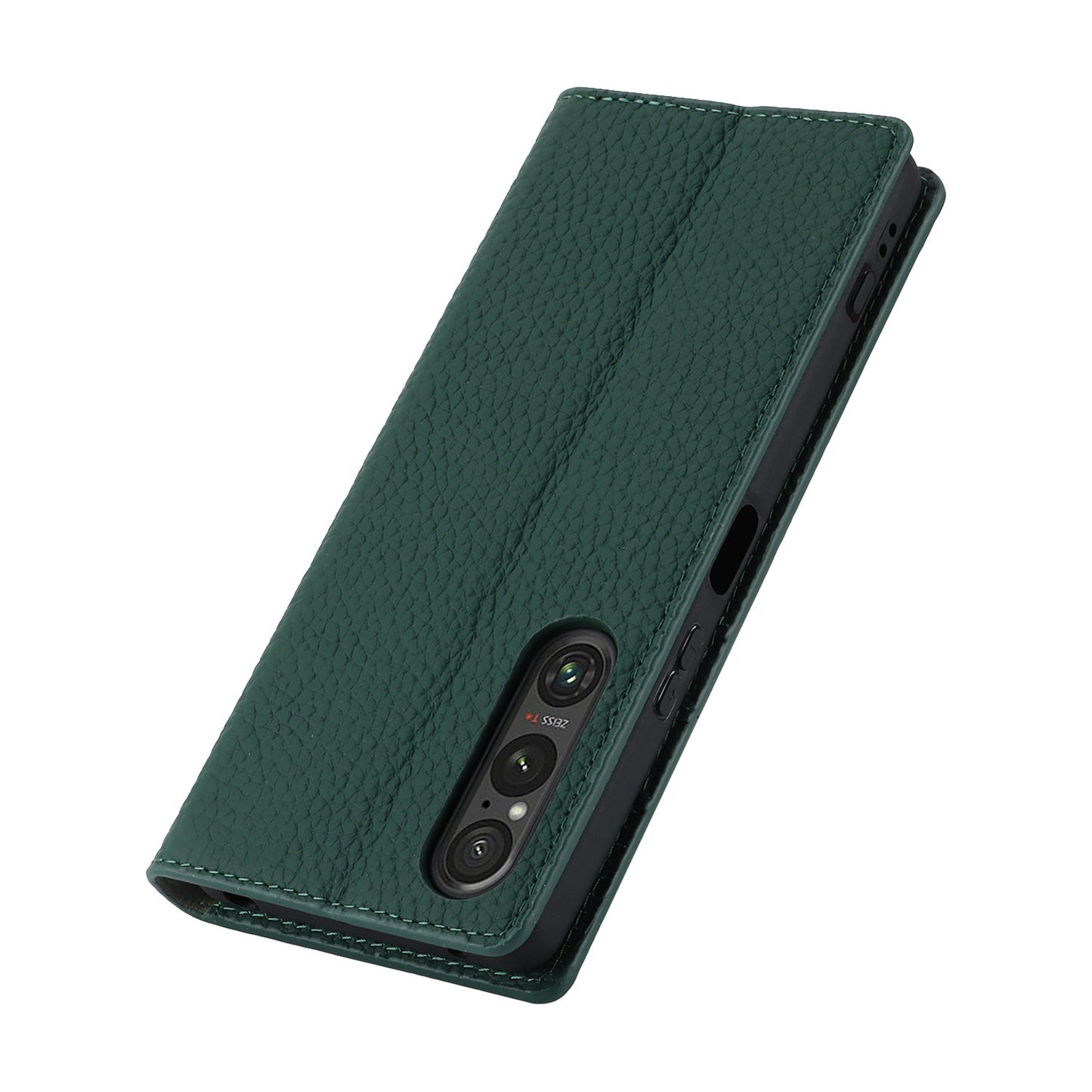 For Sony Xperia 1 V Litchi Texture Genuine Cow Leather Phone Case Stand Wallet Flip Cover with Strap