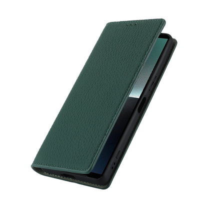 For Sony Xperia 1 V Litchi Texture Genuine Cow Leather Phone Case Stand Wallet Flip Cover with Strap