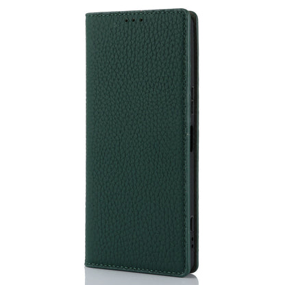 For Sony Xperia 1 V Litchi Texture Genuine Cow Leather Phone Case Stand Wallet Flip Cover with Strap