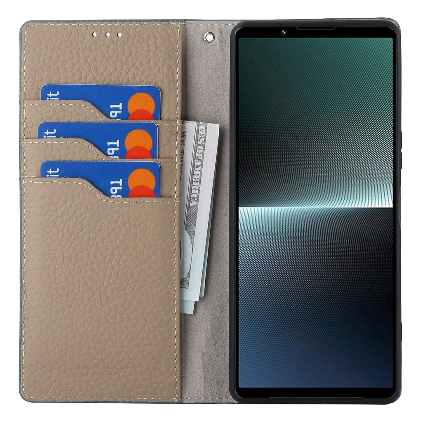 For Sony Xperia 1 V Litchi Texture Genuine Cow Leather Phone Case Stand Wallet Flip Cover with Strap