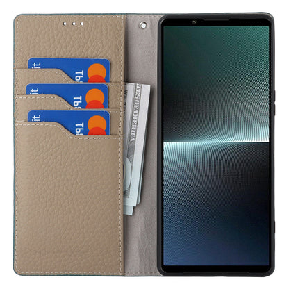For Sony Xperia 1 V Litchi Texture Genuine Cow Leather Phone Case Stand Wallet Flip Cover with Strap