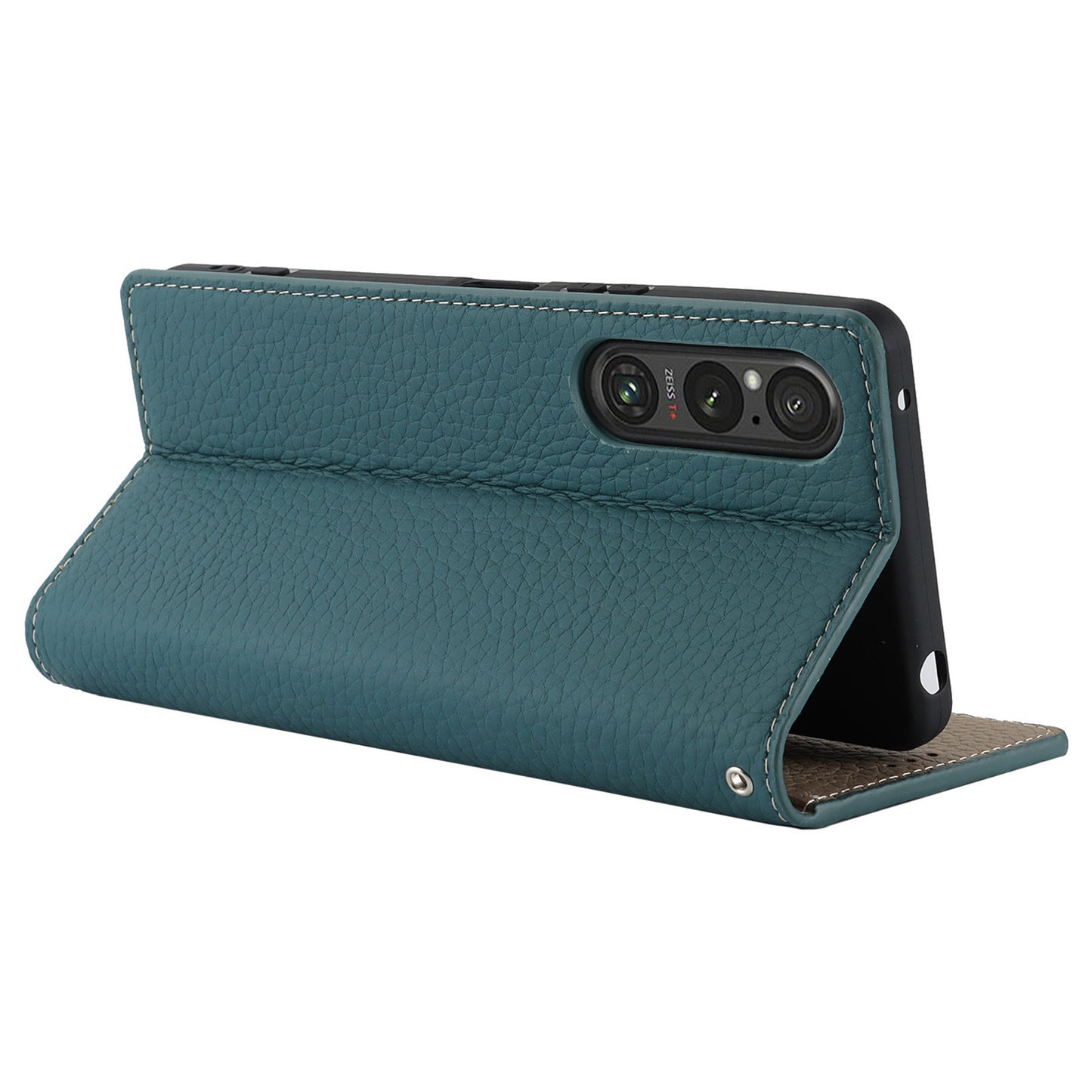 For Sony Xperia 1 V Litchi Texture Genuine Cow Leather Phone Case Stand Wallet Flip Cover with Strap