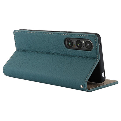 For Sony Xperia 1 V Litchi Texture Genuine Cow Leather Phone Case Stand Wallet Flip Cover with Strap