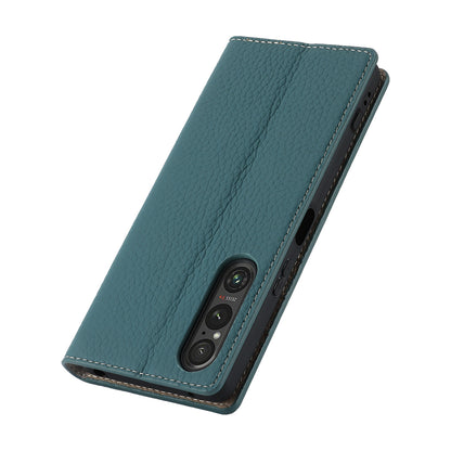 For Sony Xperia 1 V Litchi Texture Genuine Cow Leather Phone Case Stand Wallet Flip Cover with Strap