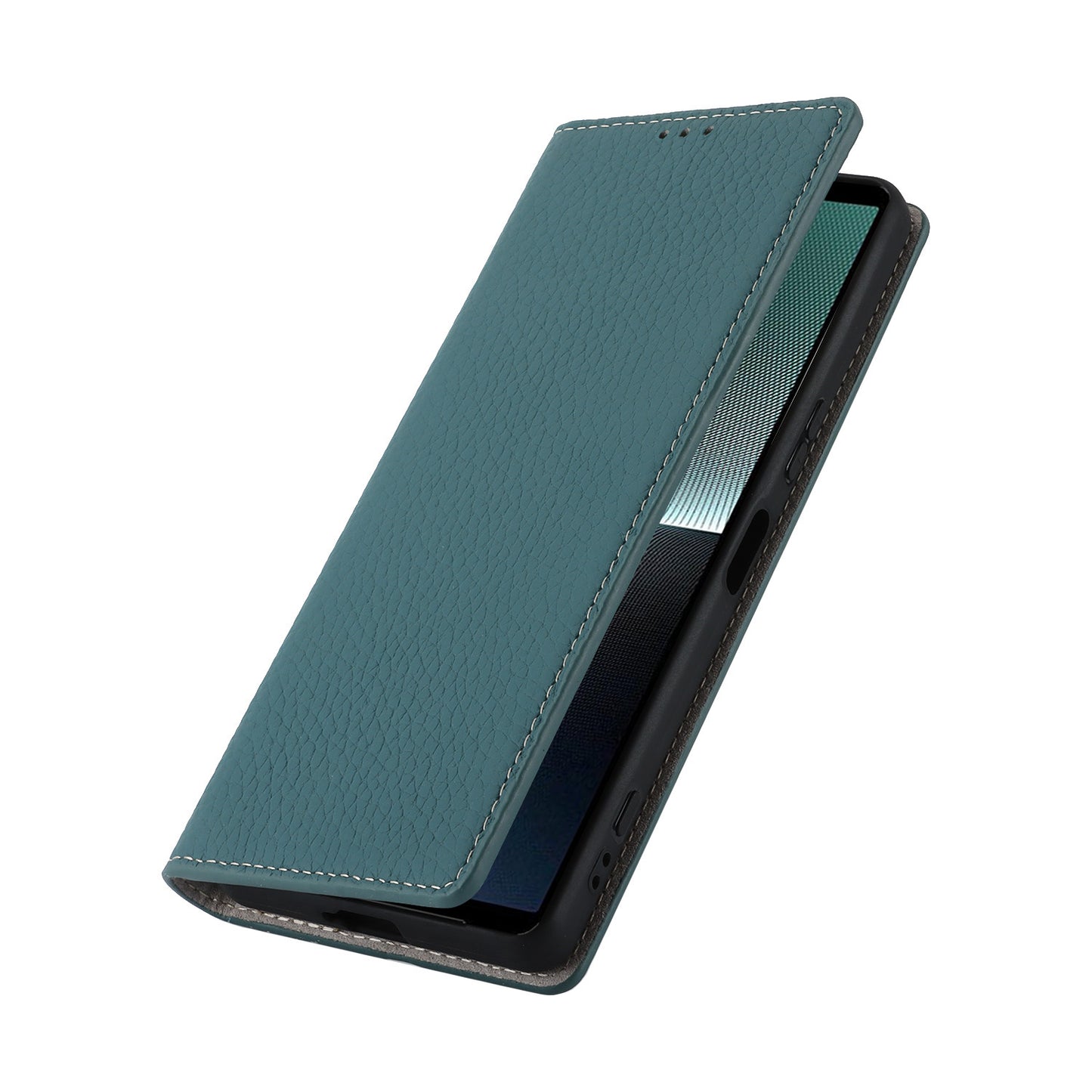 For Sony Xperia 1 V Litchi Texture Genuine Cow Leather Phone Case Stand Wallet Flip Cover with Strap