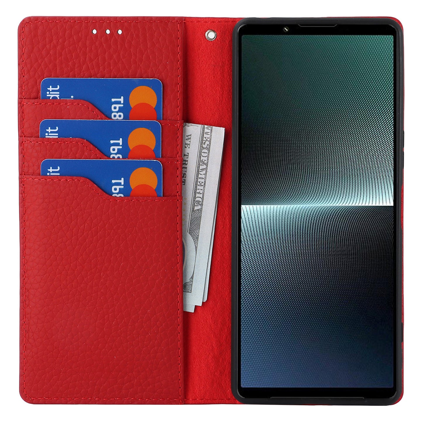 For Sony Xperia 1 V Litchi Texture Genuine Cow Leather Phone Case Stand Wallet Flip Cover with Strap