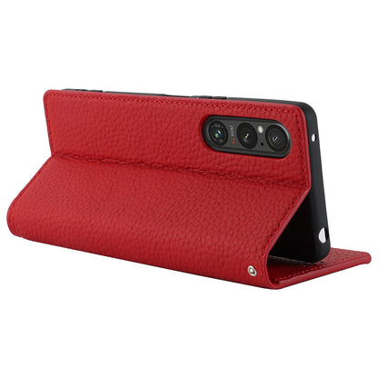 For Sony Xperia 1 V Litchi Texture Genuine Cow Leather Phone Case Stand Wallet Flip Cover with Strap