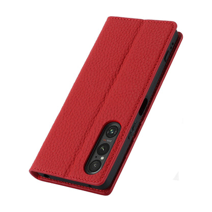 For Sony Xperia 1 V Litchi Texture Genuine Cow Leather Phone Case Stand Wallet Flip Cover with Strap