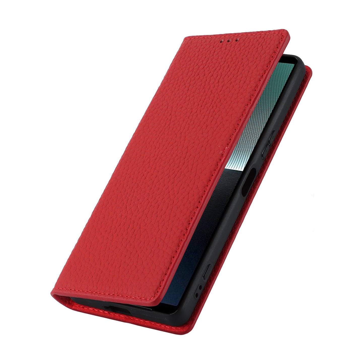 For Sony Xperia 1 V Litchi Texture Genuine Cow Leather Phone Case Stand Wallet Flip Cover with Strap