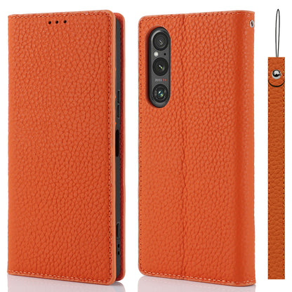 For Sony Xperia 1 V Litchi Texture Genuine Cow Leather Phone Case Stand Wallet Flip Cover with Strap