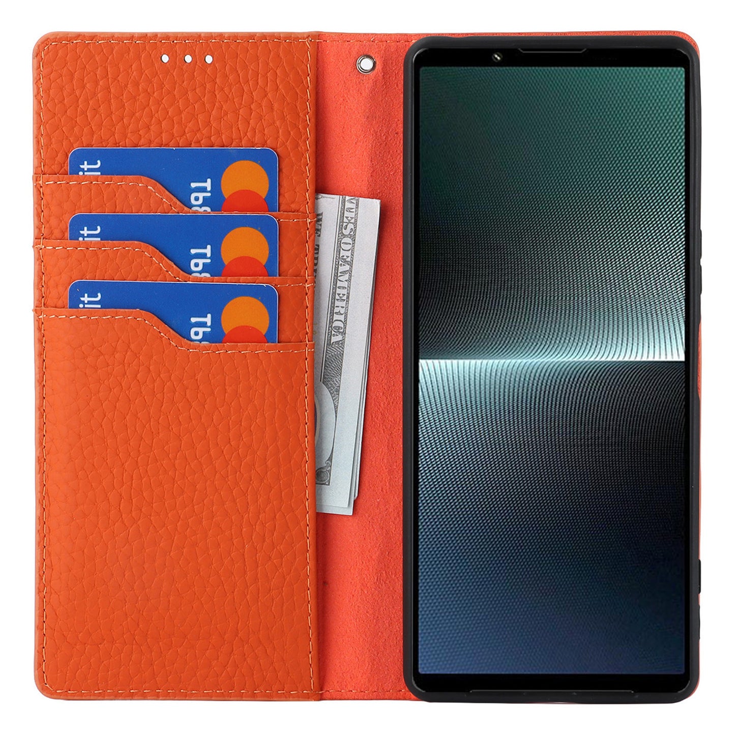 For Sony Xperia 1 V Litchi Texture Genuine Cow Leather Phone Case Stand Wallet Flip Cover with Strap