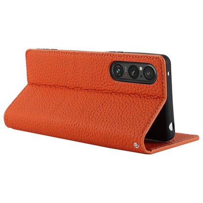 For Sony Xperia 1 V Litchi Texture Genuine Cow Leather Phone Case Stand Wallet Flip Cover with Strap
